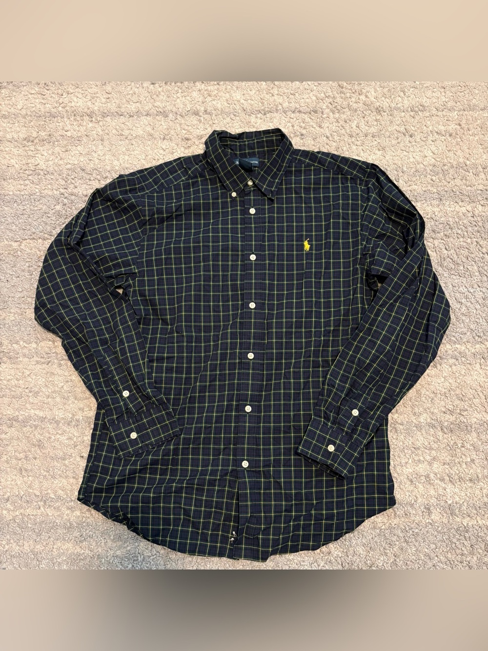 Vintage Ralph Lauren Grid Plaid Button Down Shirt Navy Green Yellow XL